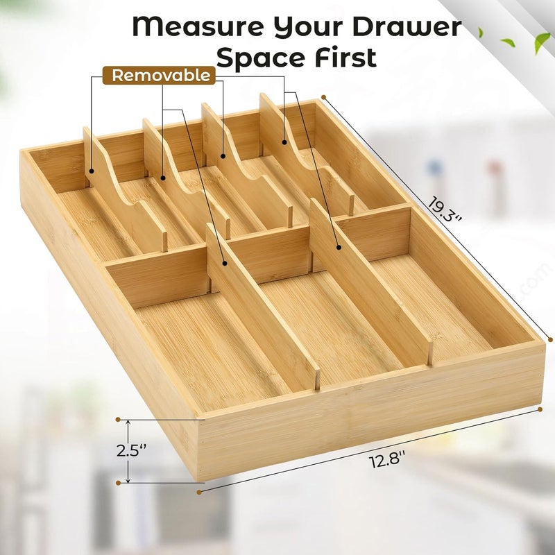 Fabsome Silverware Organizer for Kitchen Drawers, 2.5'' Deep 12.8'' Wide Bamboo Wood Flatware Tray with Deep Slots for Large Cutlery Utensil Drawer - Image 2